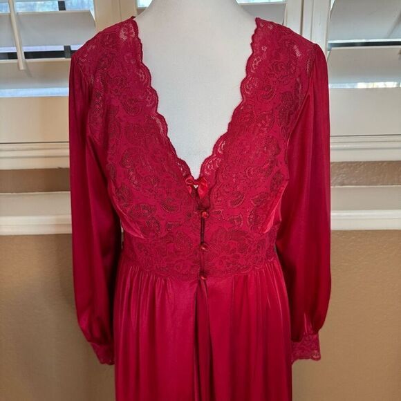 Vintage Shadowline M Satin Gown And Robe Set Deep Red Lace Trim Romantic Evening - Picture 2 of 12